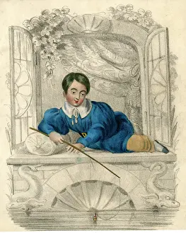 Cushion: Boy fishing from an open window