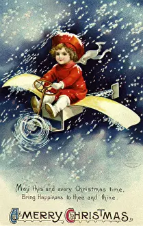 Stationary: Boy Flying Airplane in Snowstorm