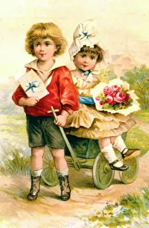 Envelope: Boy and girl with a cart