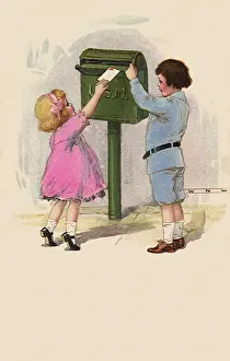 Mailing: Boy with Girl mailing Letter