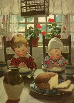 Clasped: Boy, Girl Praying with Bread at the Table