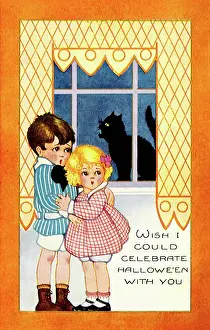 Haloween: Boy and Girl Scared of Black Cat in the Window
