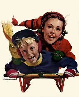 Sledding: Boy and Girl on Sled