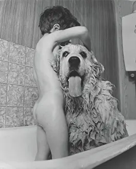 Mead: Boy giving dog a bath