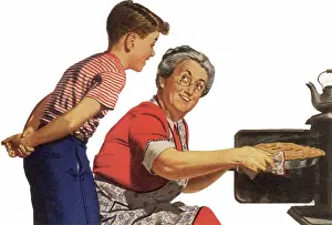 Kneels: Boy with Grandma and Pie