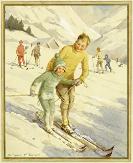 Skiiing: A boy helping his daughter to ski