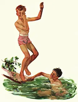 Swimmers: Boy holds Nose while Jumping into Pond
