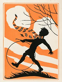 Hula: A boy with a hoop and long scarf blowing in the wind