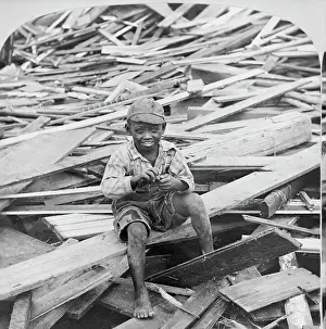 Stereograph: Boy - Hurricane - Galveston - Destruction