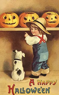 Haloween: Boy and Jack-O-Lanterns