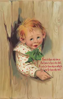 Tearful: Boy with message