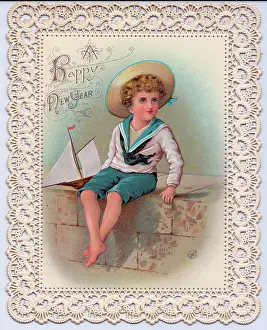 Fretwork: Boy with model boat on a New Year card