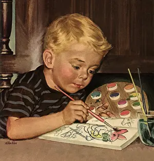 Coloring: Boy paints in Coloring Book