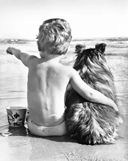 A boy and his pet dog sitting on a beach