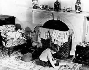 Mantlepiece: BOY WITH PET DOGS & CAT