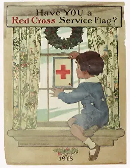 Jessie: Boy placing Red Cross Service Flag on Window