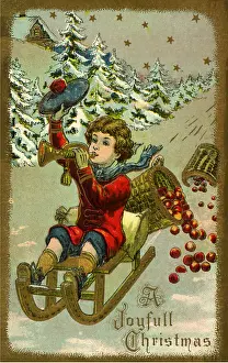 Sledding: Boy Playing Horn while Sledding