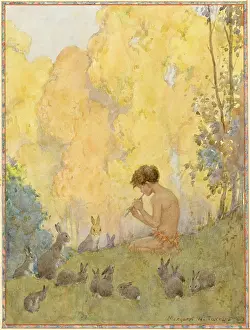 Sylvan: A boy playing pipes to rabbits