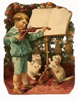Imagery: Boy plays Violin with Cats