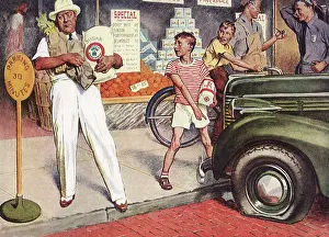 Groceries: Boy points out Man's Flat Tire