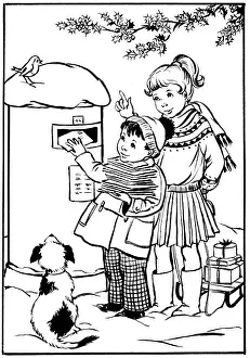 Posting: Boy posting Christmas cards, girl pulling sledge