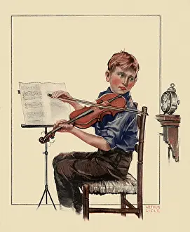 Chore: Boy practicing Violin looks at Clock