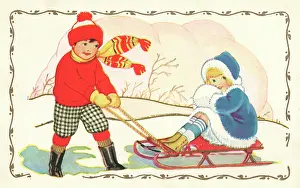 Sledging: Boy pulling his sweetheart on a sledge