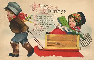 Clapsaddle: Boy Pulls Girl and Gifts