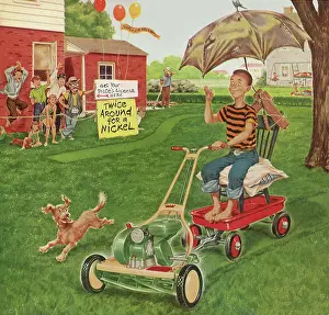 Mower: Boy rides in Wagon pulled by Lawn Mower