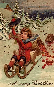 Spilling: Boy Riding Sled Playing Horn and Spilling Fruit