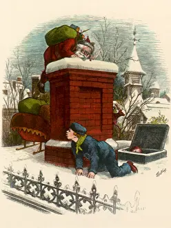 Peering: Boy on Rooftop watching Santa enter House