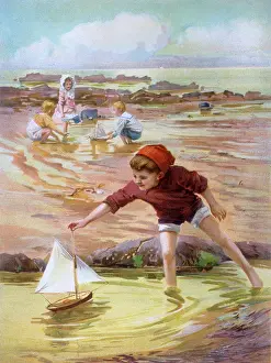 Rockpool: Boy and sailboat by the seaside