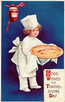 Mince: Boy serving a fruit pie on a Thanksgiving postcard