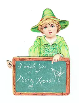 Slates: Boy with a slate on a cutout Christmas card