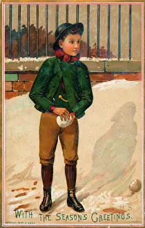 Snowdrift: Boy with snowball on a Christmas card