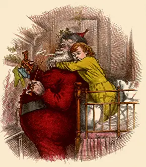 Hugs: Boy stands on Bed and Hugs Santa