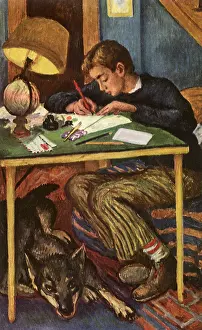 Homework: Boy studies with Dog under Table