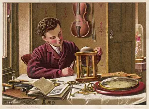 Workings: BOY STUDYING CLOCK 1879