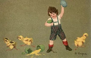 Scatter: Boy throwing Easter Eggs at Chicks