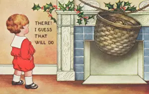 Fill: A boy ties a large basket to the mantle-piece
