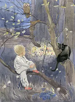 Boy in a tree with cat and owl, by Muriel Dawson