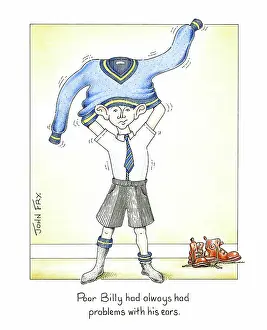 Sticking: Boy trying to put on a pullover over his head