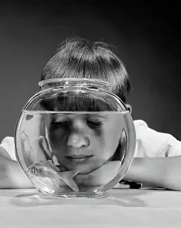 Refraction: Boy watching goldfish swim in bowl studio