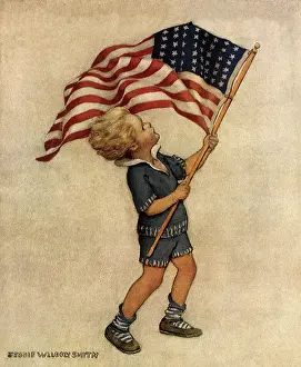Nationalistic: Boy waving American Flag