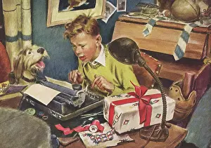 Yule: Boy writes Letter to Mail with Gift