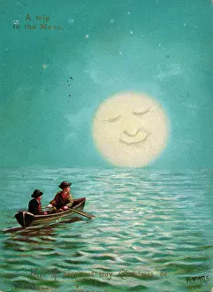 By Moonlight: Two boys boating by moonlight on a Christmas card