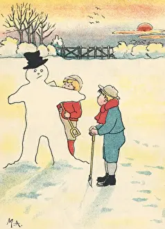 Snowman: Two boys building a snowman
