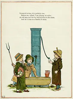 Pitchfork: Three boys chatting at a water pump