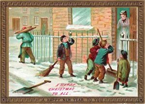 Boys clearing snow on a Christmas card