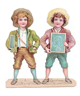 Slates: Two boys on a cutout Christmas card